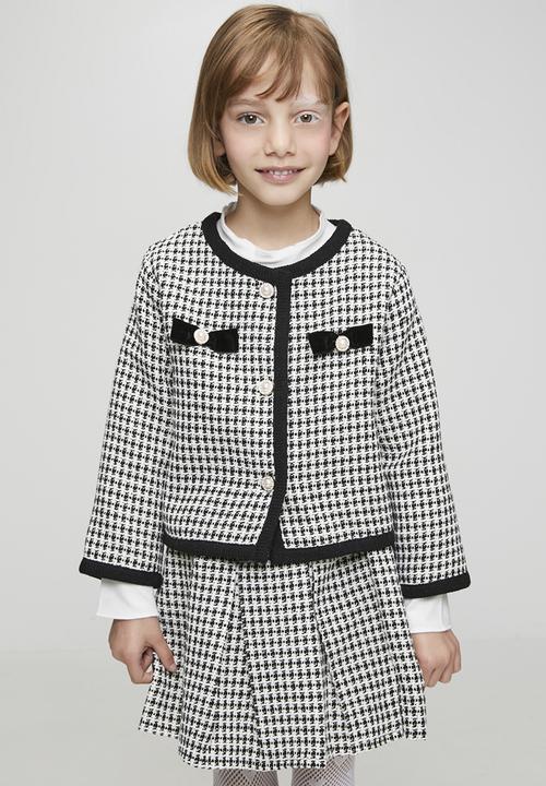 Pop Candy - Tweed collarless jacket with pleated skirt - black/white