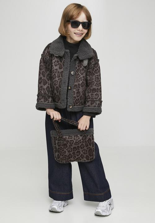 Pop Candy - Shearling lined flying jacket & tote bag - leopard print/dark grey