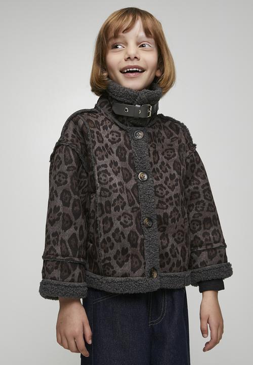Pop Candy - Shearling lined flying jacket & tote bag - leopard print/dark grey