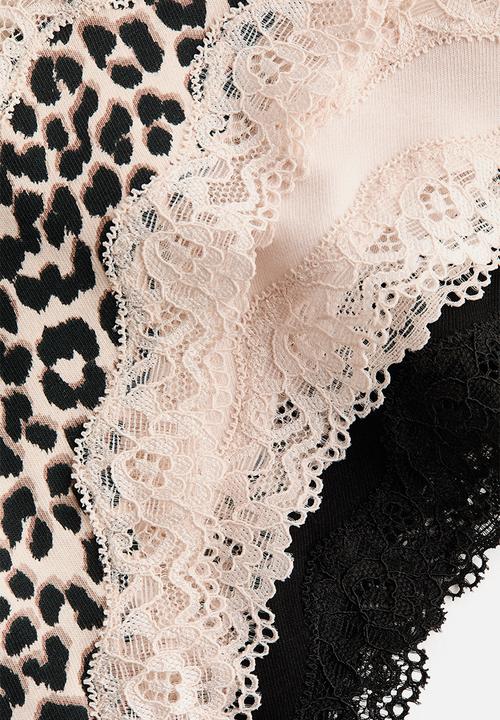 H&M - 3-pack cotton and lace brazilian briefs - light beige/leopard print