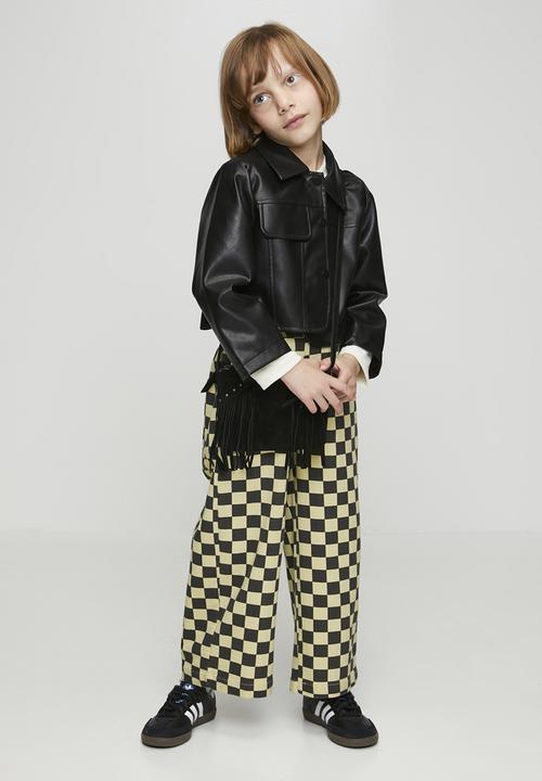 Pop Candy - Button tab wide leg jeans - black checkerboard/beige