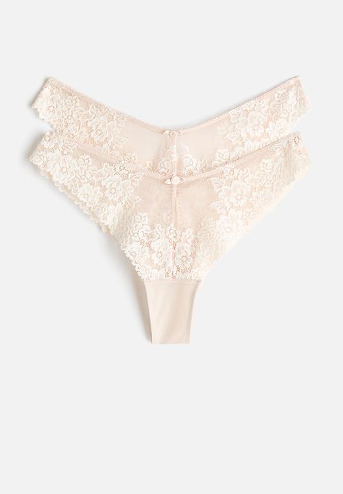 H&M - 2-Pack lace brazilian briefs - light beige/white