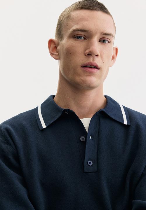 H&M - Loose fit fine-knit polo shirt - navy blue