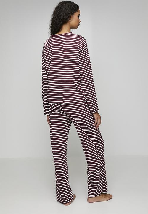 Hunkemoller - Pj long sleeve cotton jersey stripe - windsor wine