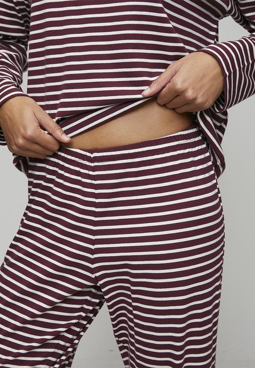 Hunkemoller - Pj long sleeve cotton jersey stripe - windsor wine