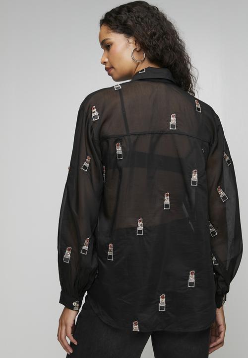 Me&B - Bellow Sleeve Shirt in Beaded Lipstick - Black