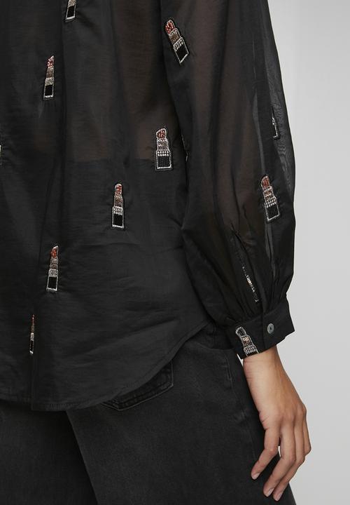 Me&B - Bellow Sleeve Shirt in Beaded Lipstick - Black
