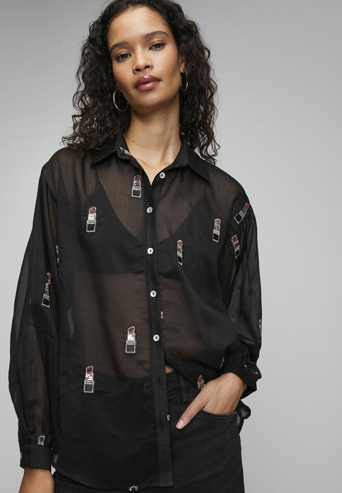 Me&B - Bellow Sleeve Shirt in Beaded Lipstick - Black