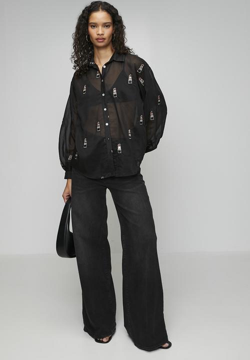 Me&B - Bellow Sleeve Shirt in Beaded Lipstick - Black