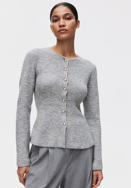 Rib-knit peplum cardigan - light grey marl - 1315270002