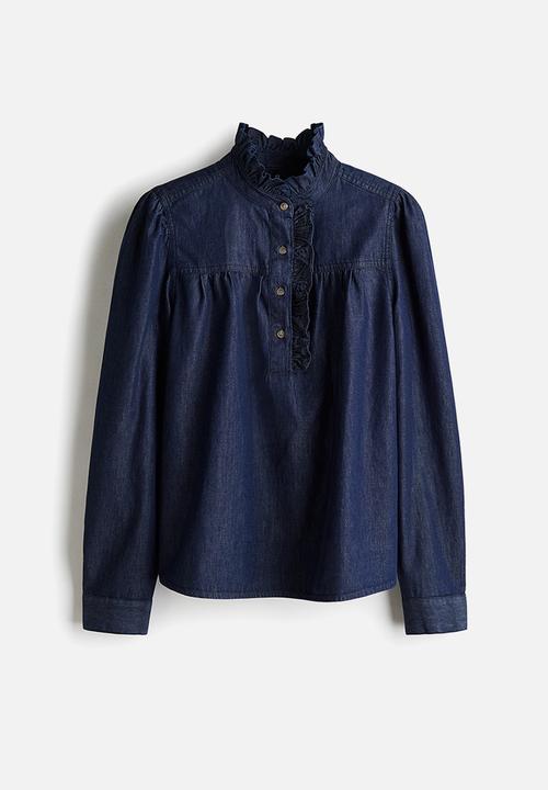 H&M - Frill-collared denim blouse - dark denim blue