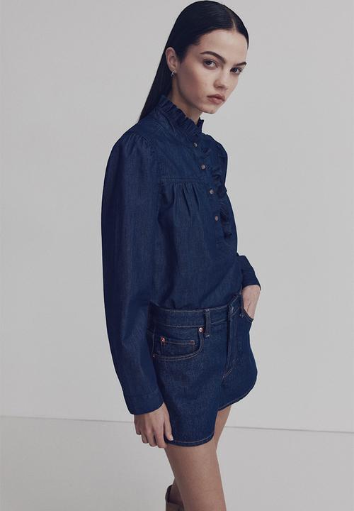 H&M - Frill-collared denim blouse - dark denim blue