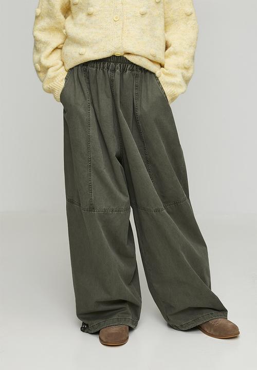 Pop Candy - Panelled wide-leg pants with drawstring hem - khaki olive