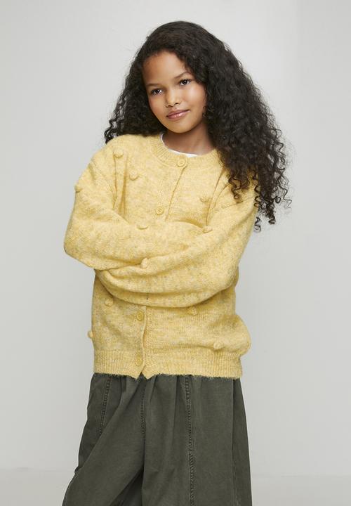 Pop Candy - Melange pom pom knit cardigan - yellow