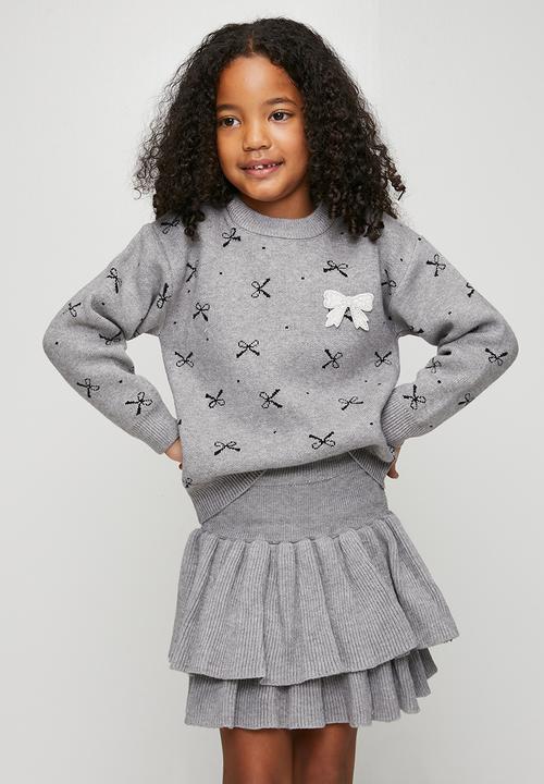 Pop Candy - Knit jumper with ribbed ra-ra skirt - grey/bow aop
