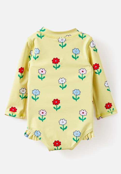 Cotton On - Lucy Long Sleeve Ruffle Back Swimsuit - Lemon Squash/Florals