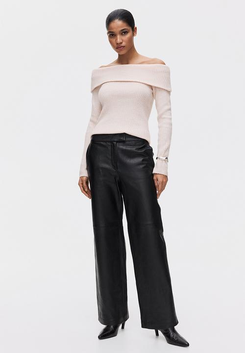 H&M - Rib-knit off-the-shoulder top - pale pink