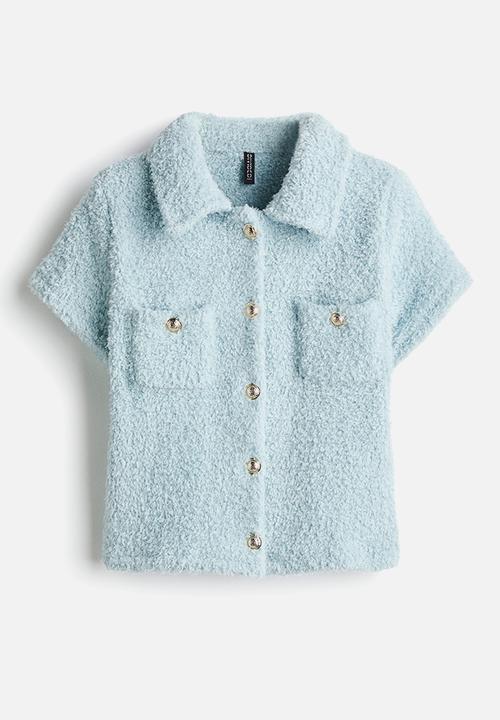 H&M - Short-sleeved teddy cardigan - light turquoise
