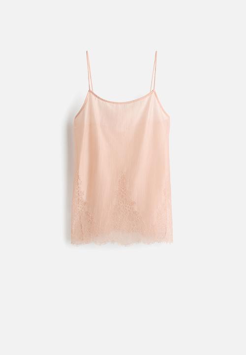 H&M - Lace-trimmed strappy top - light peach pink