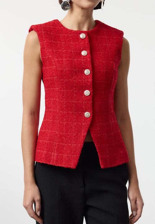Trendyol - Regular Tweed Round Neck Woven Vest - Red