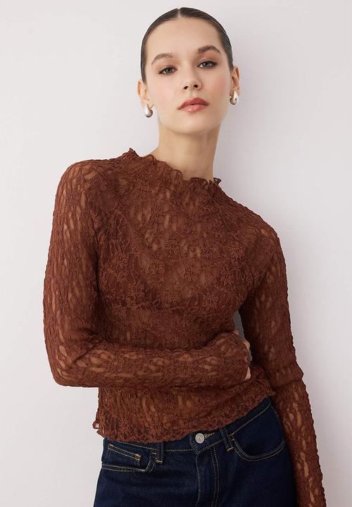 Trendyol - Fitted Bodycon Raglan Sleeve Blouse - Brown