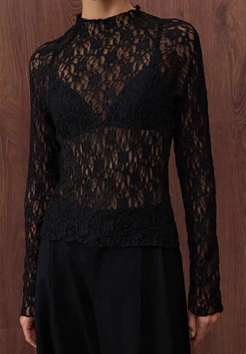 Trendyol - Raglan Sleeve Lace Long Sleeve Blouse - Black
