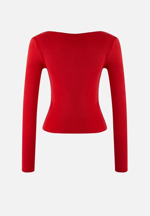 Trendyol - Ruffled Fitted Bodycon Knitted Blouse - Red