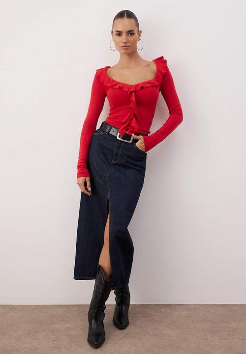 Trendyol - Ruffled Fitted Bodycon Knitted Blouse - Red
