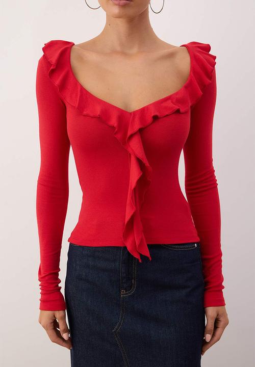 Trendyol - Ruffled Fitted Bodycon Knitted Blouse - Red