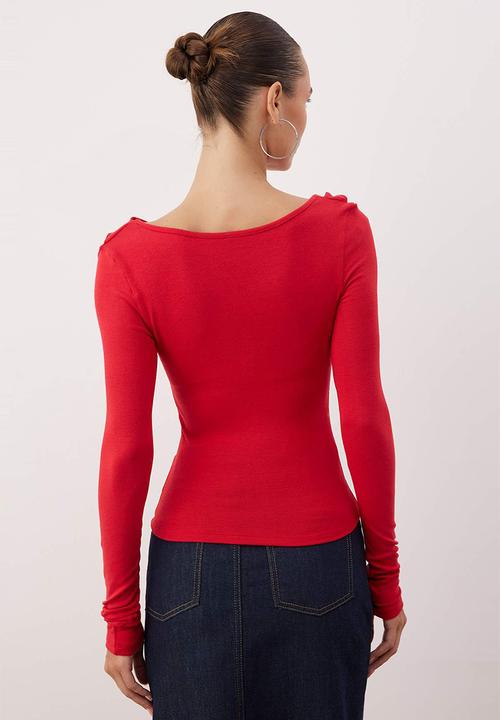 Trendyol - Ruffled Fitted Bodycon Knitted Blouse - Red