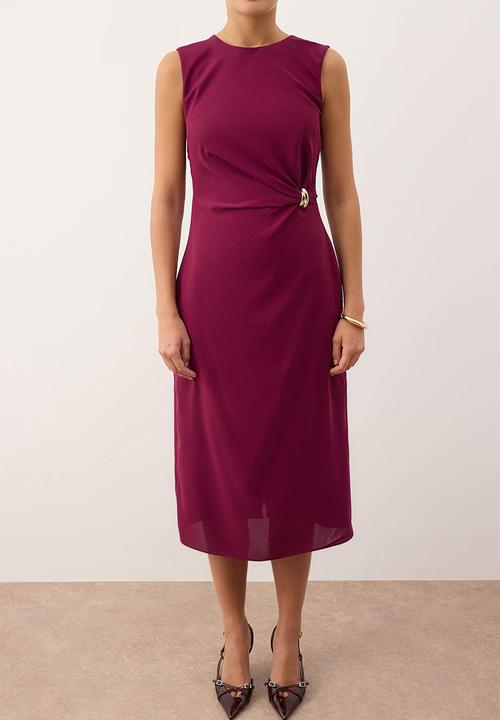 Trendyol - Straight Bodycon Midi Woven Dress with Accessory Detail - Dark Purple