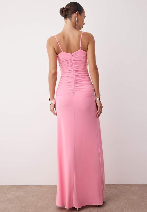 Trendyol - Collar Drape Detail Knitted Long Stylish Evening Dress - Pink
