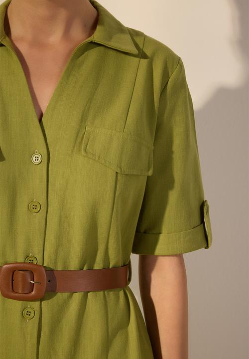 Trendyol - Belted Linen Blend Midi Woven Shirt Dress with Pocket Detail - Khaki