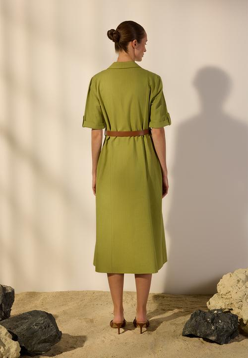 Trendyol - Belted Linen Blend Midi Woven Shirt Dress with Pocket Detail - Khaki