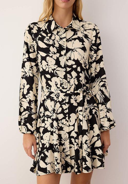 Trendyol - Floral Detailed Mini Woven Shirt Dress - Black