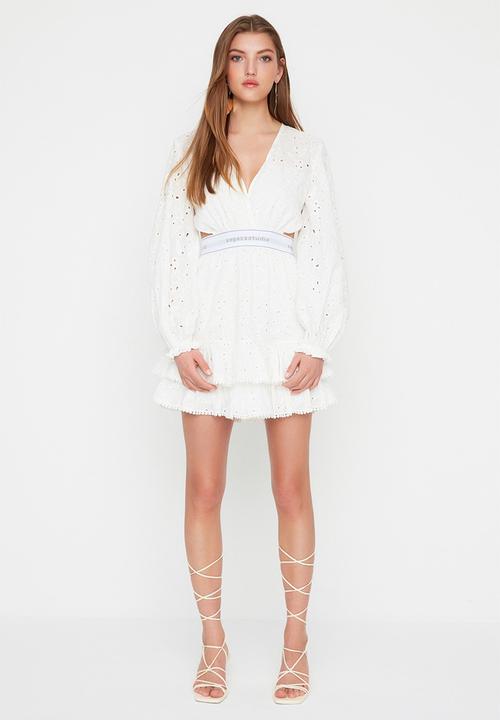 Trendyol - Waist Elastic Detailed Embroidery Dress - Ecru