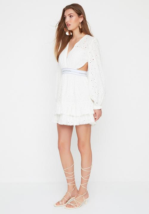 Trendyol - Waist Elastic Detailed Embroidery Dress - Ecru