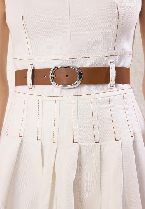 Trendyol - Belted V-Neck Pleated Mini Denim Dress - Ecru