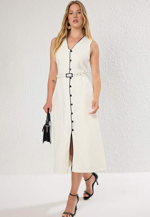 Trendyol - Belted A-Line and Button Detail Lined Midi Woven Dress - White