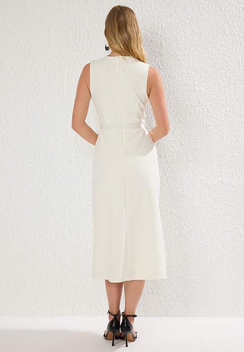 Trendyol - Belted A-Line and Button Detail Lined Midi Woven Dress - White
