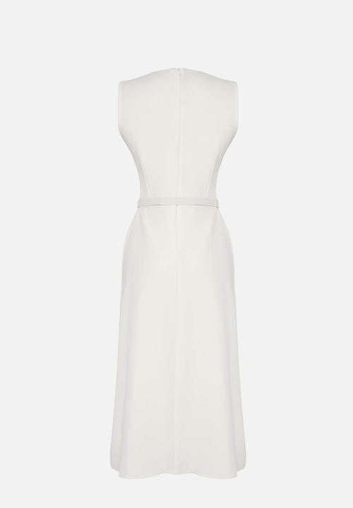 Trendyol - Belted A-Line and Button Detail Lined Midi Woven Dress - White
