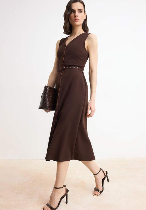 Trendyol - Belted Straight A-Line Midi Woven Dress - Brown