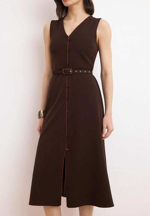 Trendyol - Belted Straight A-Line Midi Woven Dress - Brown