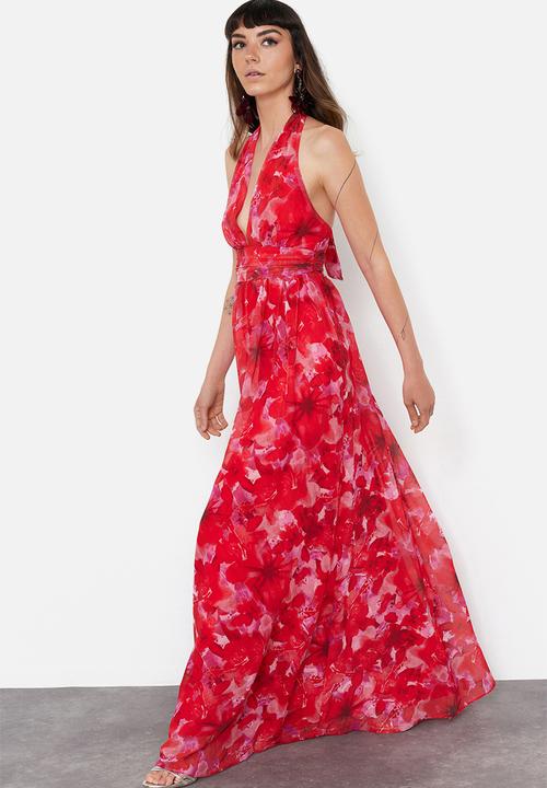 Trendyol - A-Line Floral Print Deep V-Neck Long Dress