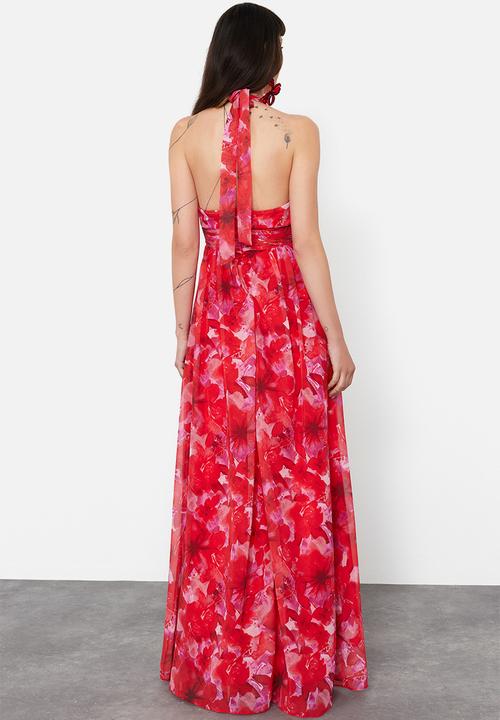 Trendyol - A-Line Floral Print Deep V-Neck Long Dress