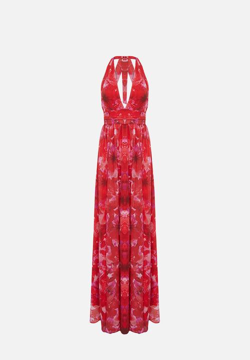 Trendyol - A-Line Floral Print Deep V-Neck Long Dress