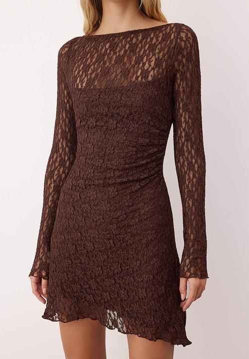 Trendyol - Backless Asymmetrical Detailed Mini Lace Flexible Knitted Dress - Brown