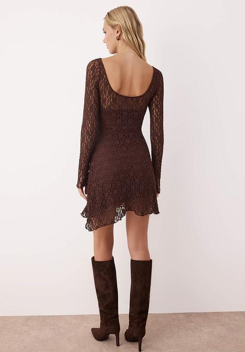 Trendyol - Backless Asymmetrical Detailed Mini Lace Flexible Knitted Dress - Brown