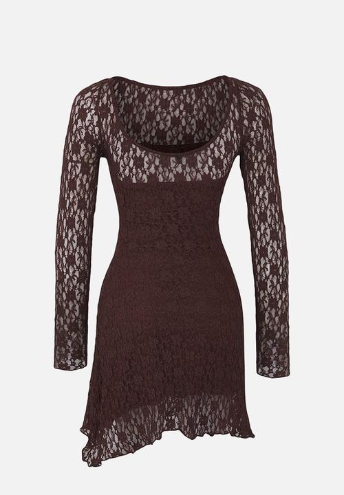 Trendyol - Backless Asymmetrical Detailed Mini Lace Flexible Knitted Dress - Brown