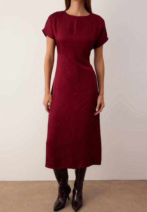 Trendyol - Plain Jacquard Midi Woven Dress - Burgundy